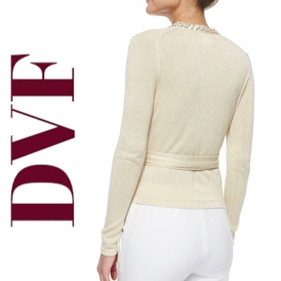 DIANE VON FURSTENBERG Ballerina Gold Shimmer Embellished Wrap Cardigan, Medium - Picture 12 of 12